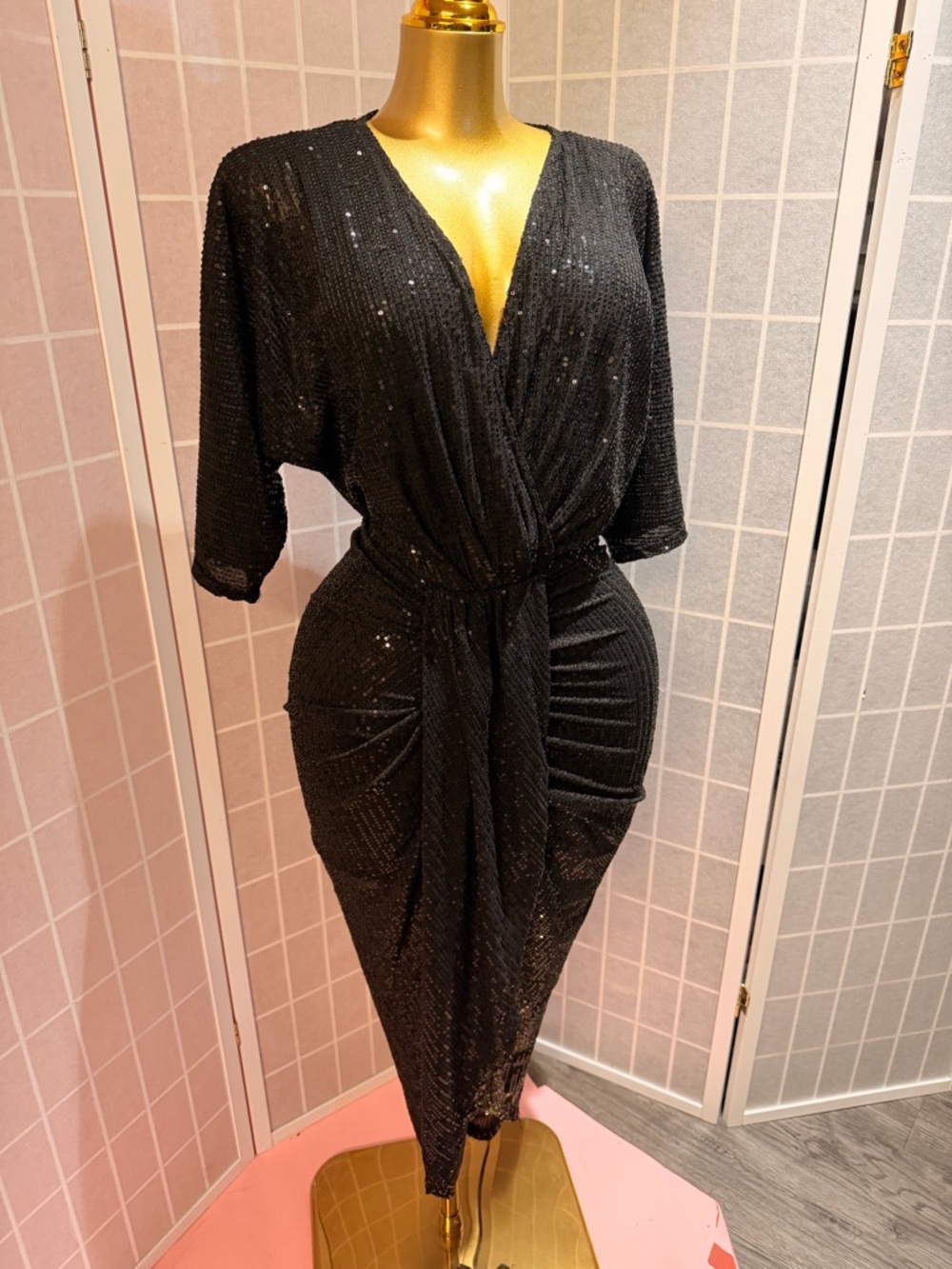 Black Sequin Wrap Midi Dress - Elegant Evening Style